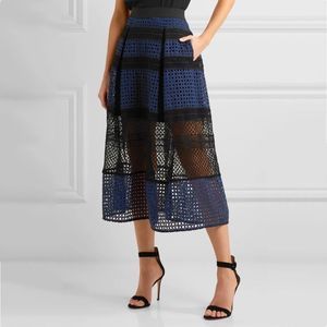 Self-Portrait Navy Black Lace Netting MIDI Skirt